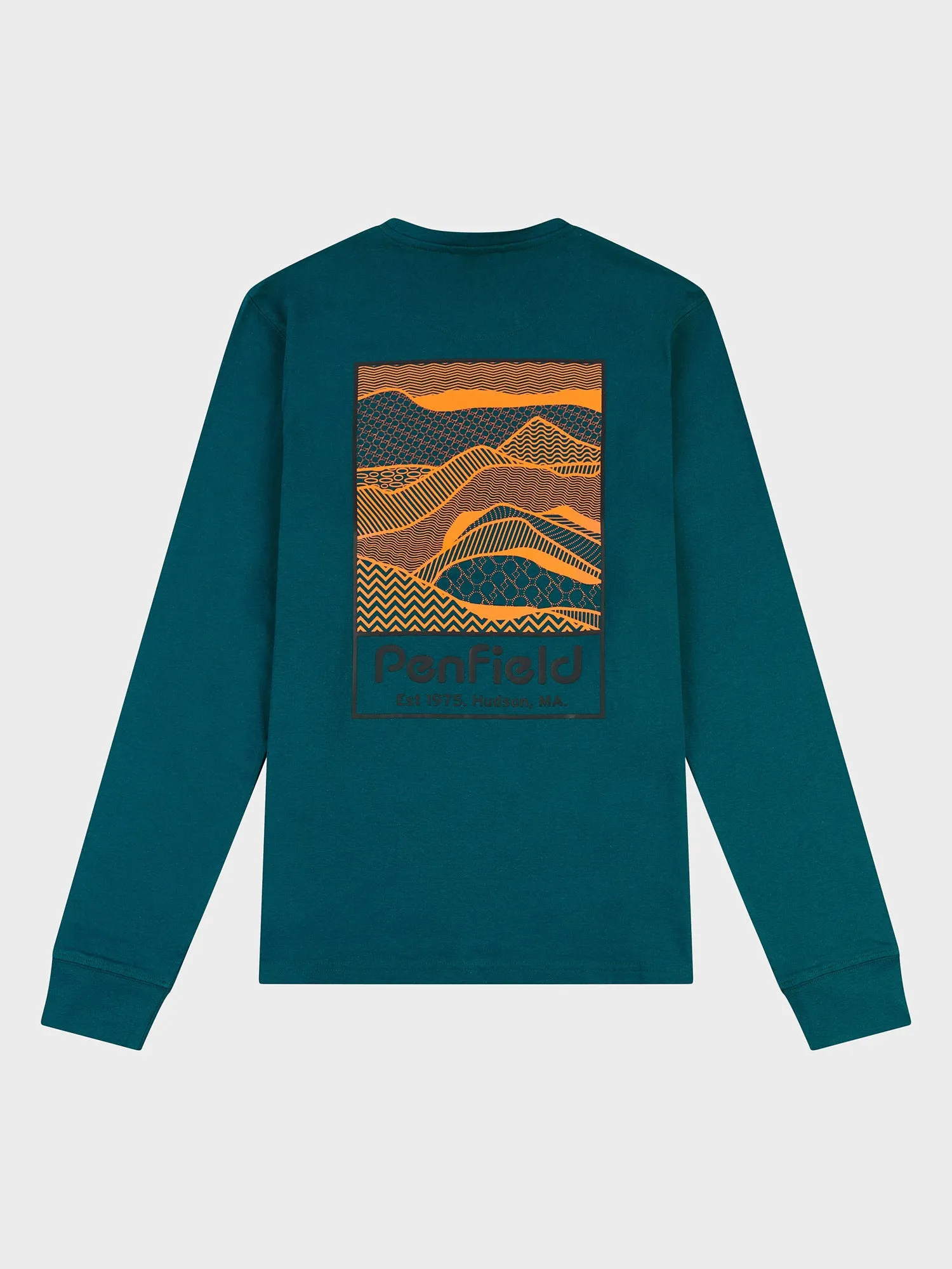 Deep Teal Graphic Long Sleeve T-Shirt with Mountain Back Design